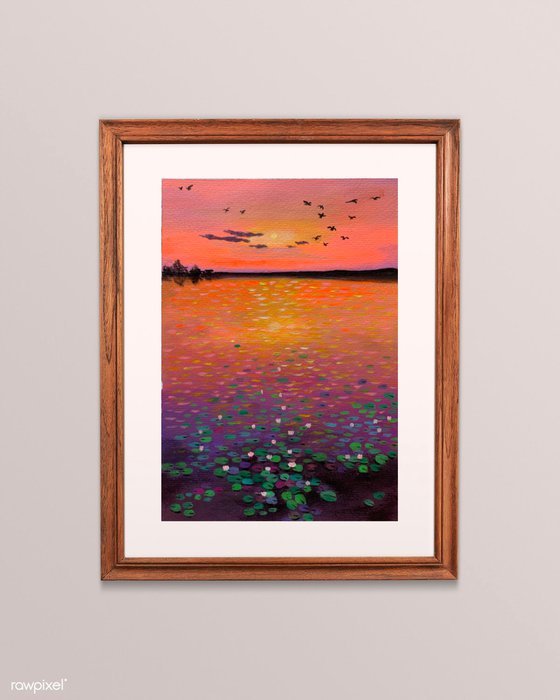 Water lily pond at sunset - 2 ! A4 size Painting on paper