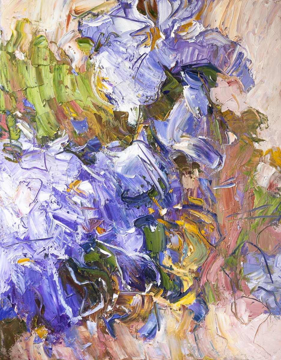 Impressionistic Botanical Oil Painting By Vasyl Moldavchuk, 28 X 35", Irises, Original Artwork