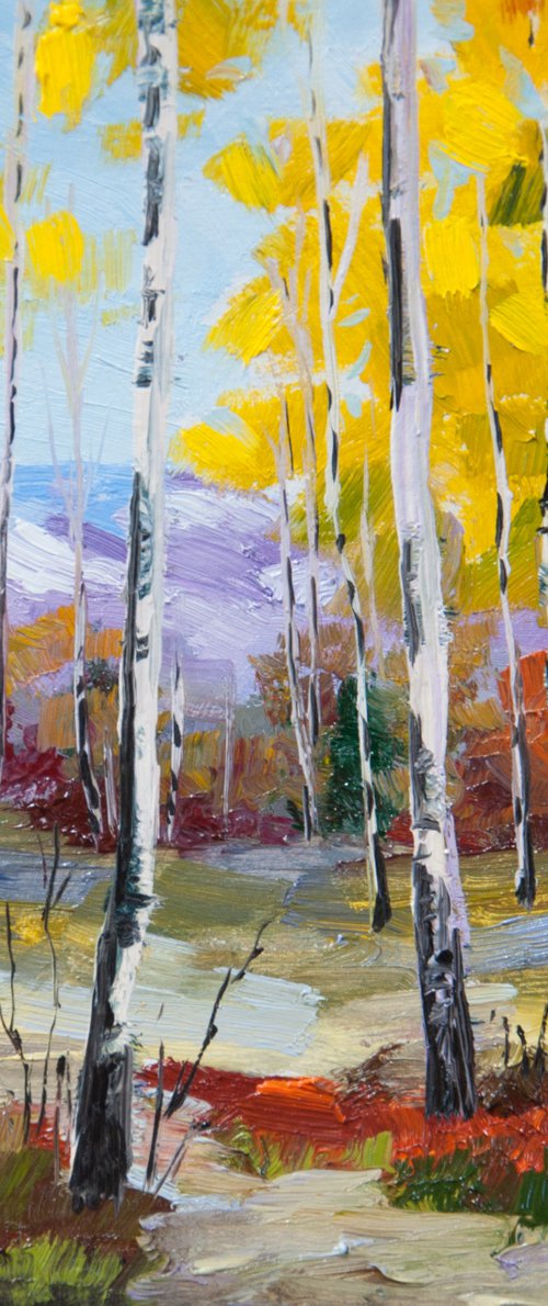 Birches. Oil painting. Forest landscape. Miniature. 6 x 6 in. by Tetiana Vysochynska