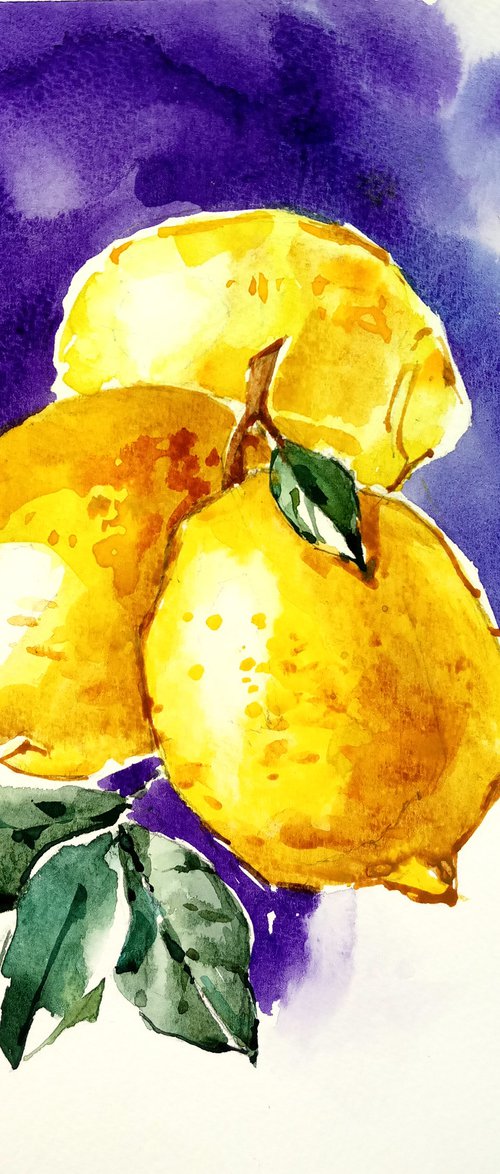 Contrasting still life "Lemons on a dark background" original watercolor artwork by Ksenia Selianko