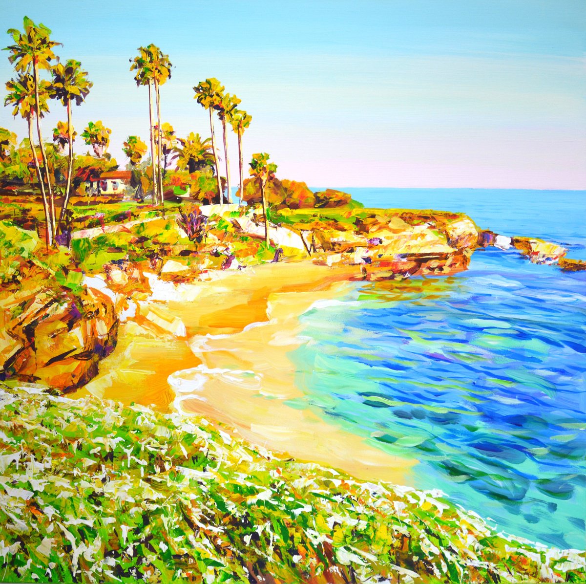 Impressionistic Landscape Acrylic Painting By Iryna Kastsova, 39 X 39, San Diego Beach. California., Original Artwork