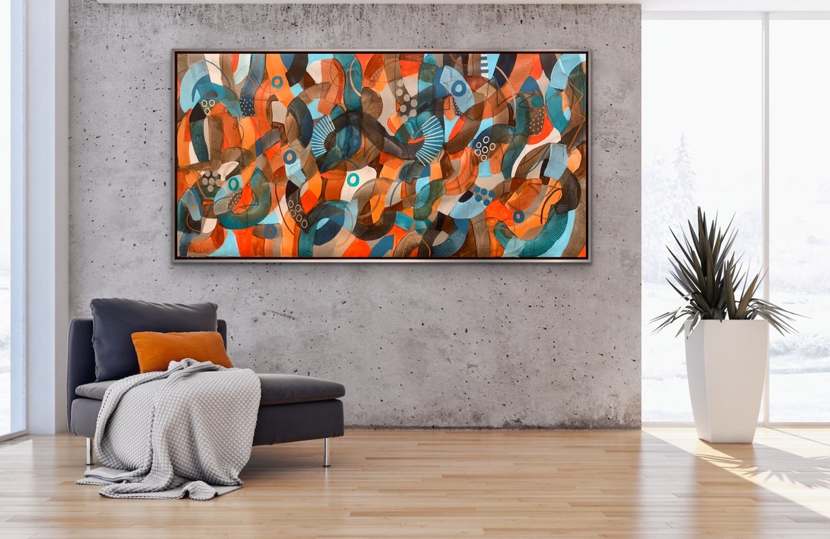 Organic Abstract Acrylic Painting By Rashna Hackett, 72 X 37", Into The Orange Grove, Original Artwork