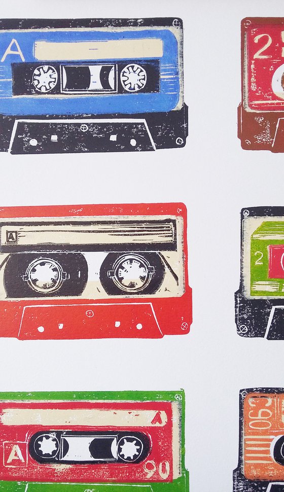 Linocut tapes #39 (cassette tapes, retro music, 70's, 80's rock culture)