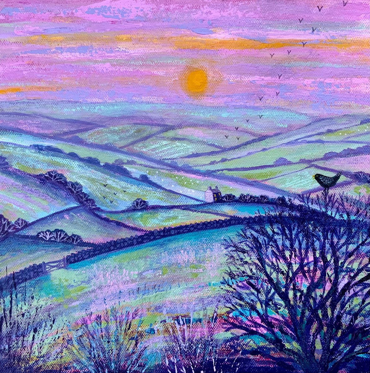 Impressionistic Landscape Acrylic Painting By Janice Macdougall, 10 X 10, Moorland Sunset, Original Artwork