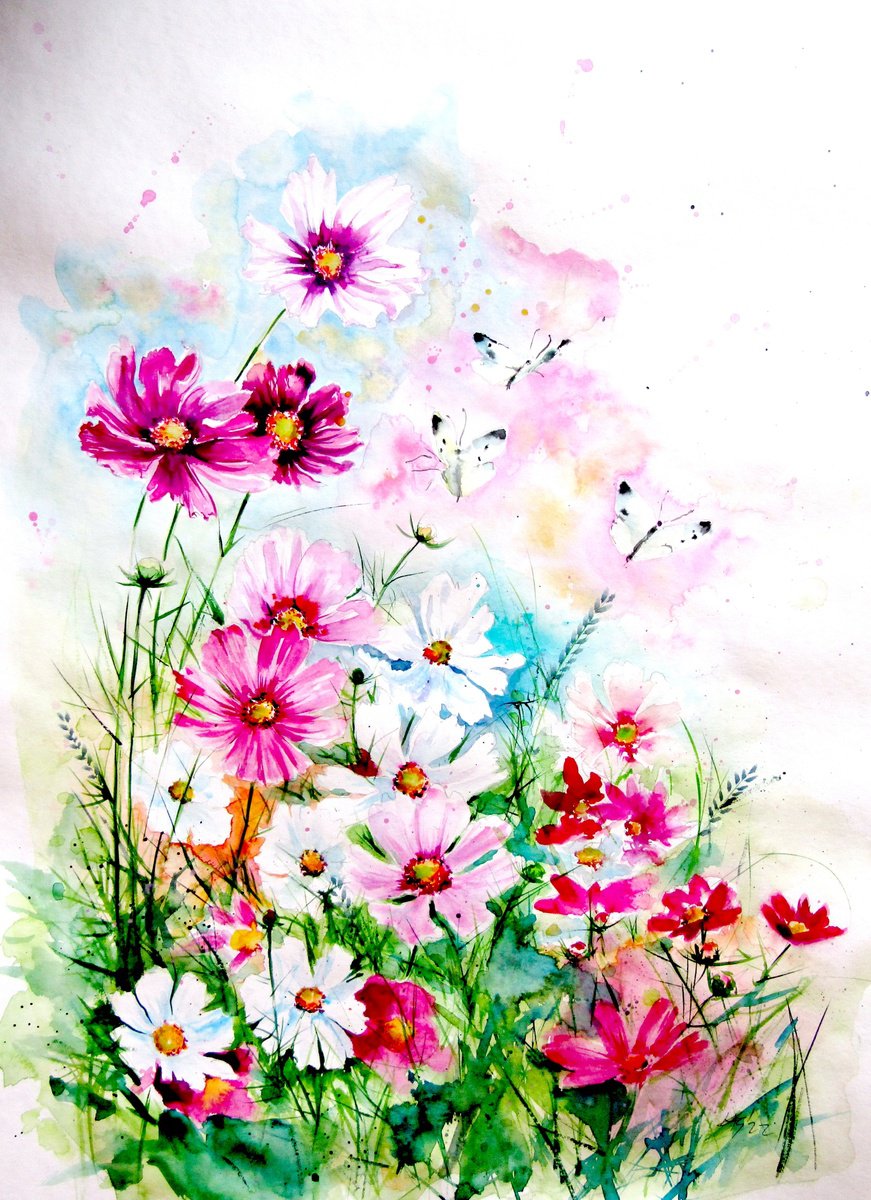 Impressionistic Watercolour , Cosmos Flowers By Kovacs Anna Brigitta, 22 X 30, Artwork For Sale On Artfinder
