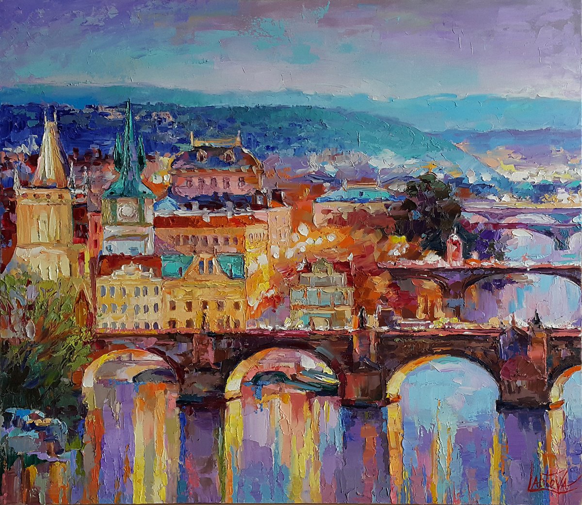 Impressionistic Cityscapes Oil Painting By Viktoria Lapteva, 31 X 28", Magnificent Prague, Original Artwork