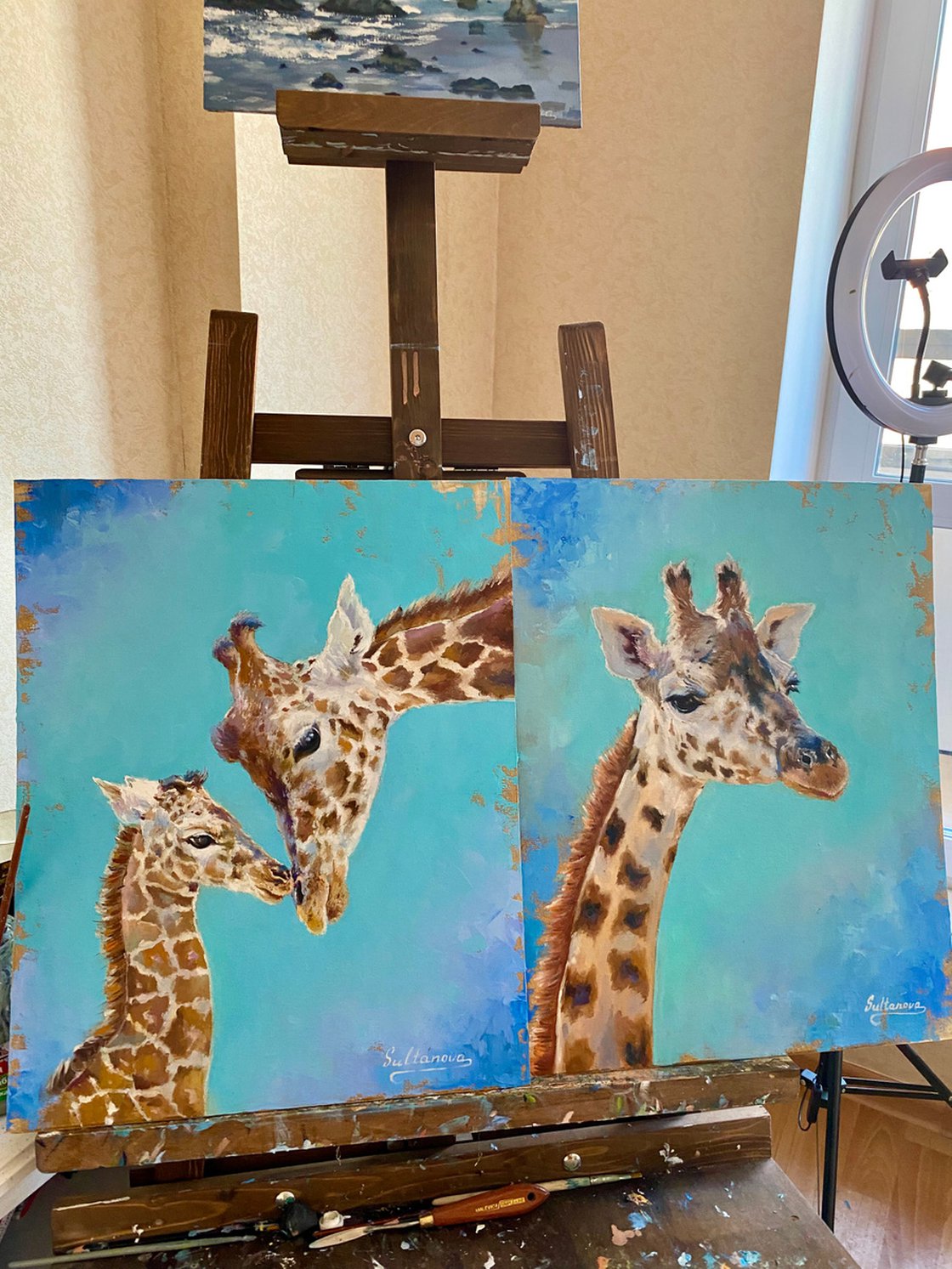 Mother & Son - 2024 Giraffes painting, oilacrilyc colors on canvas, giraffes print