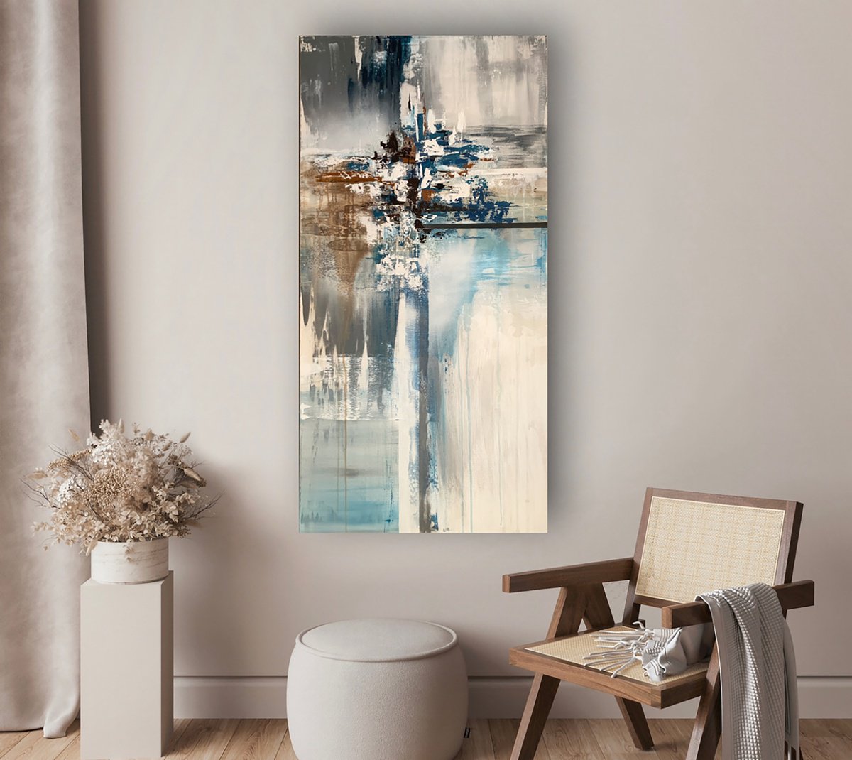 Reflection. Blue luxury abstract artwork, shades of gray and brown. Original Painting. by Marina Skromova