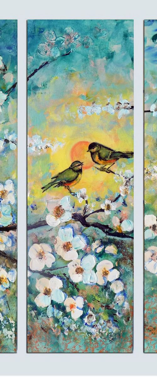 Singing of Spring - three pieces canvas, triptych, painting by Areti Ampi