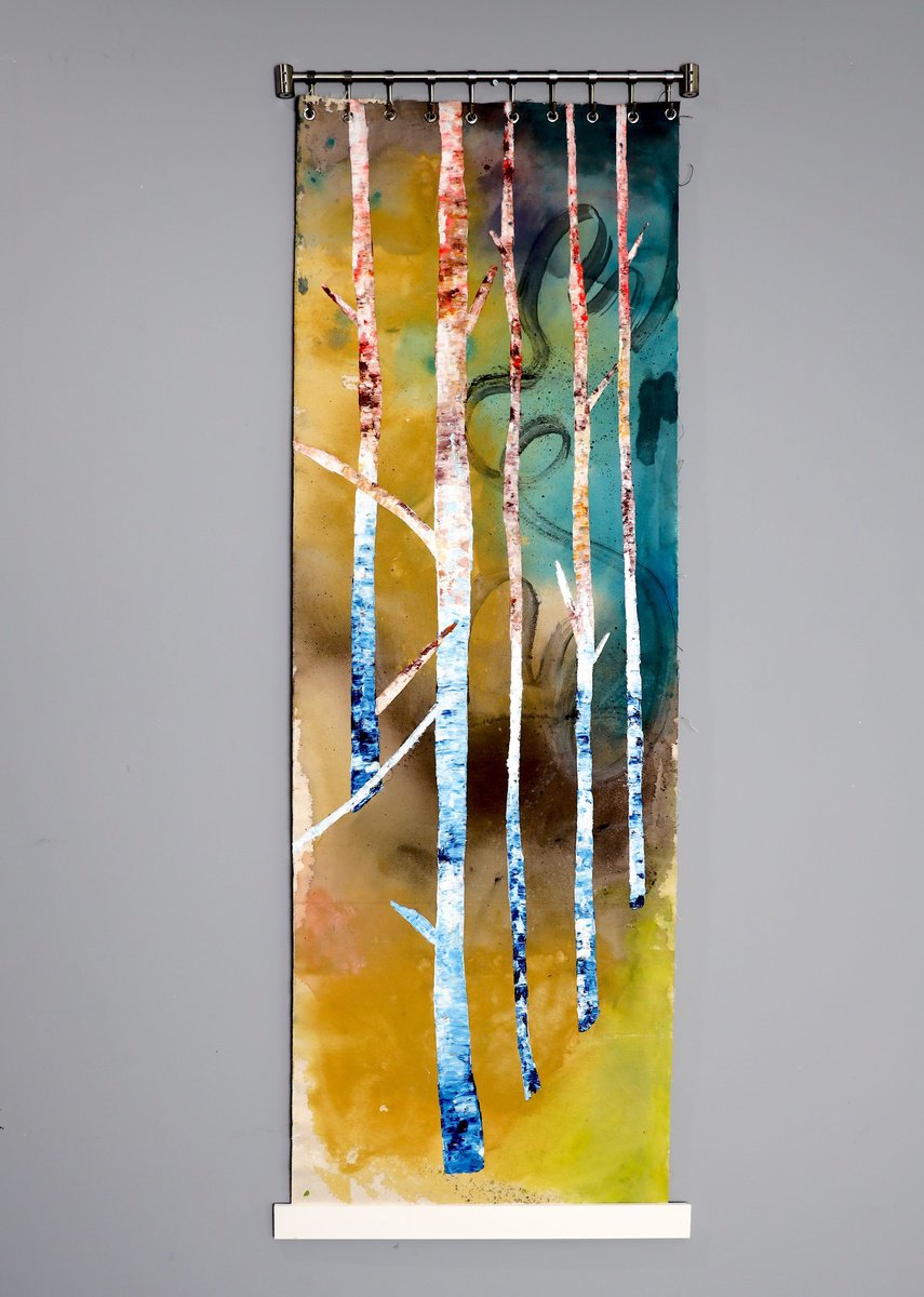 Organic Landscape Painting By Poovi Art, 19 X 54", Tree Tapestry, Original Artwork