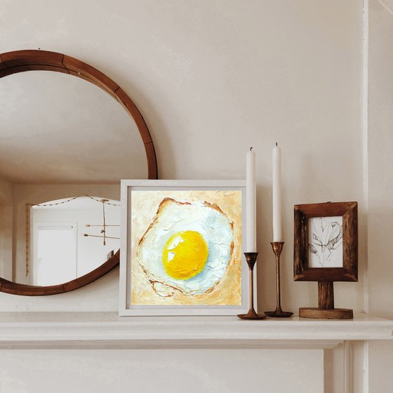 Fried Egg Painting Original Art Kitchen Food Artwork Breakfast Wall Art Small Oil Painting