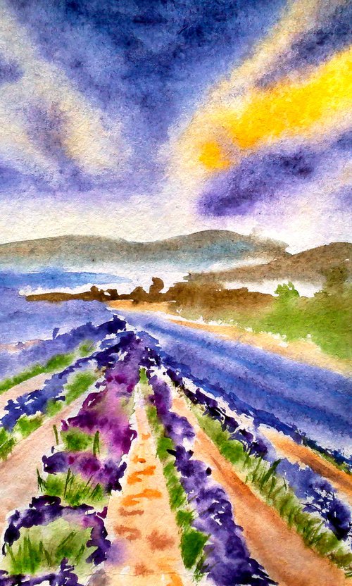 Tuscany Painting Landscape Original Art Small Lavender Field Watercolor Artwork Home Wall Art 12 by 8" by Halyna Kirichenko by Halyna Kirichenko