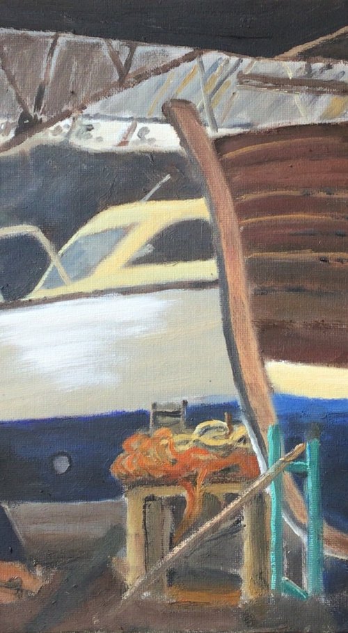 Inside the boathouse, A Norfolk Boatyard oil painting. by Julian Lovegrove Art