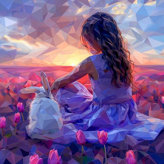 GIRL WITH RABBIT AT SUNSET