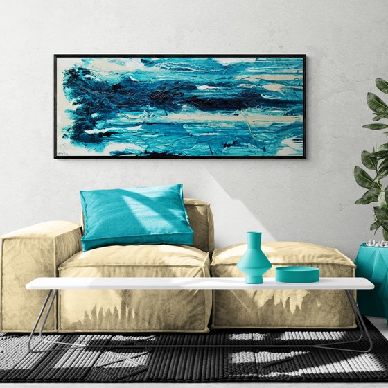 Malted Southern 200cm x 80cm Teal Cream White Textured Abstract Art