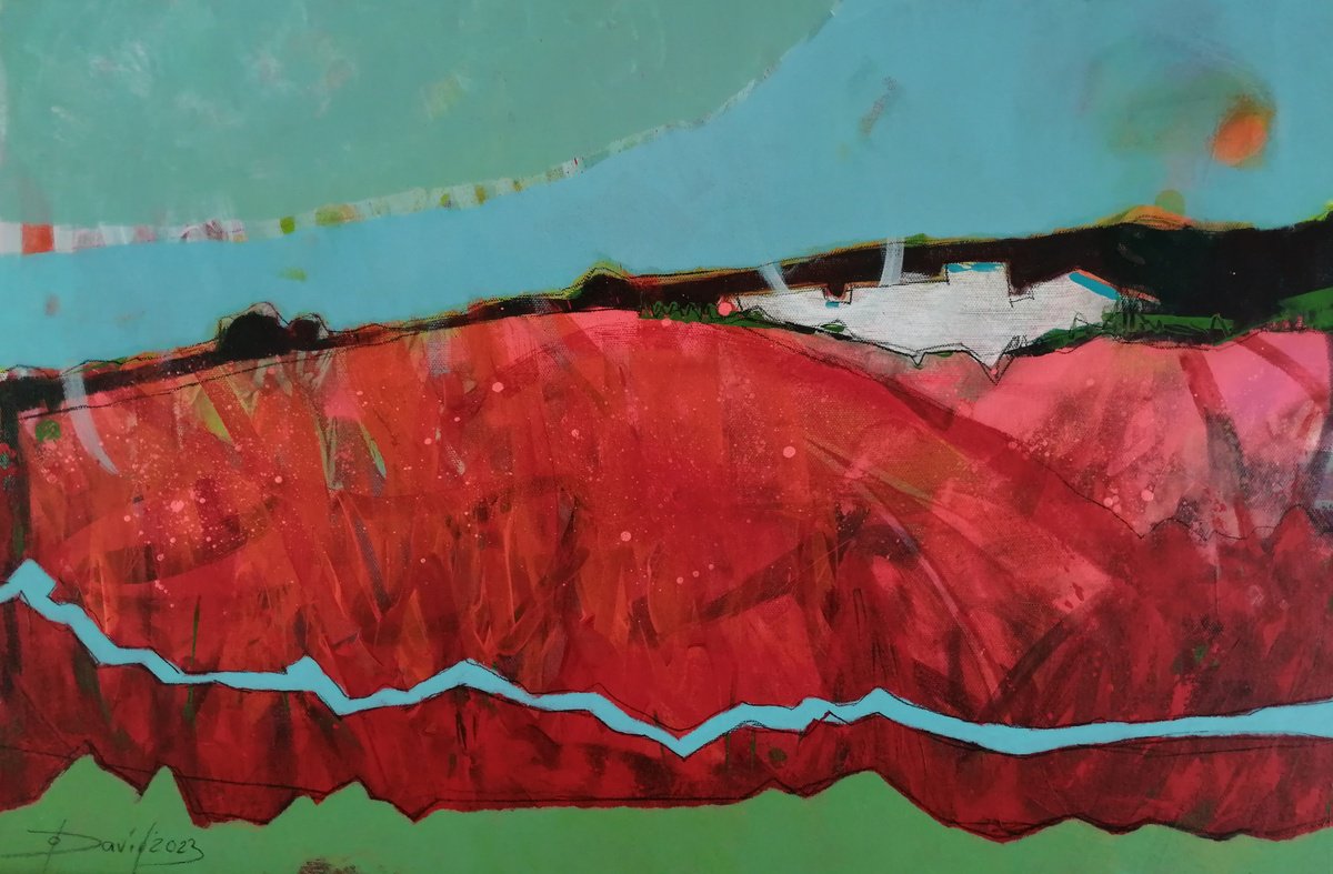 Expressive Landscape Painting By Olga David, 24 X 16", Sea Of Flowers Poppies Landscape Artwork, Original Artwork