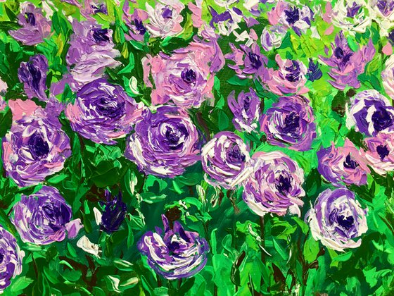 FIELD OF PURPLE PINK WHITE  ROSES  palette knife modern decor MEADOW OF FlOWERS, LANDSCAPE,  office home decor gift