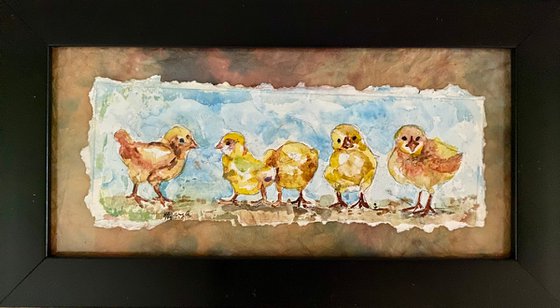 Adorable Chicks Original Watercolor Matted with handmade paper, Signed, Black Frame