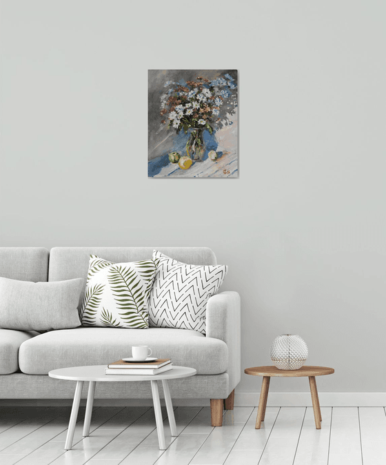 Autumn bouquet. Original oil painting. Impressionistic still life flowers gentle muted colors shadow provence bright