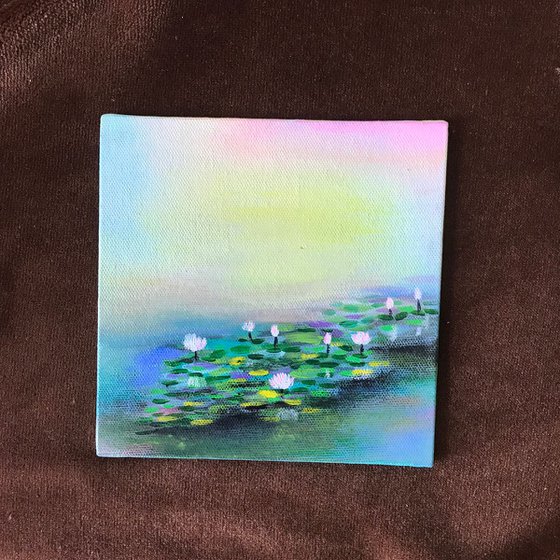 Another Water Lily Affair !! Abstract !! Small Painting !! Lily Pond !! mixed media painting !!