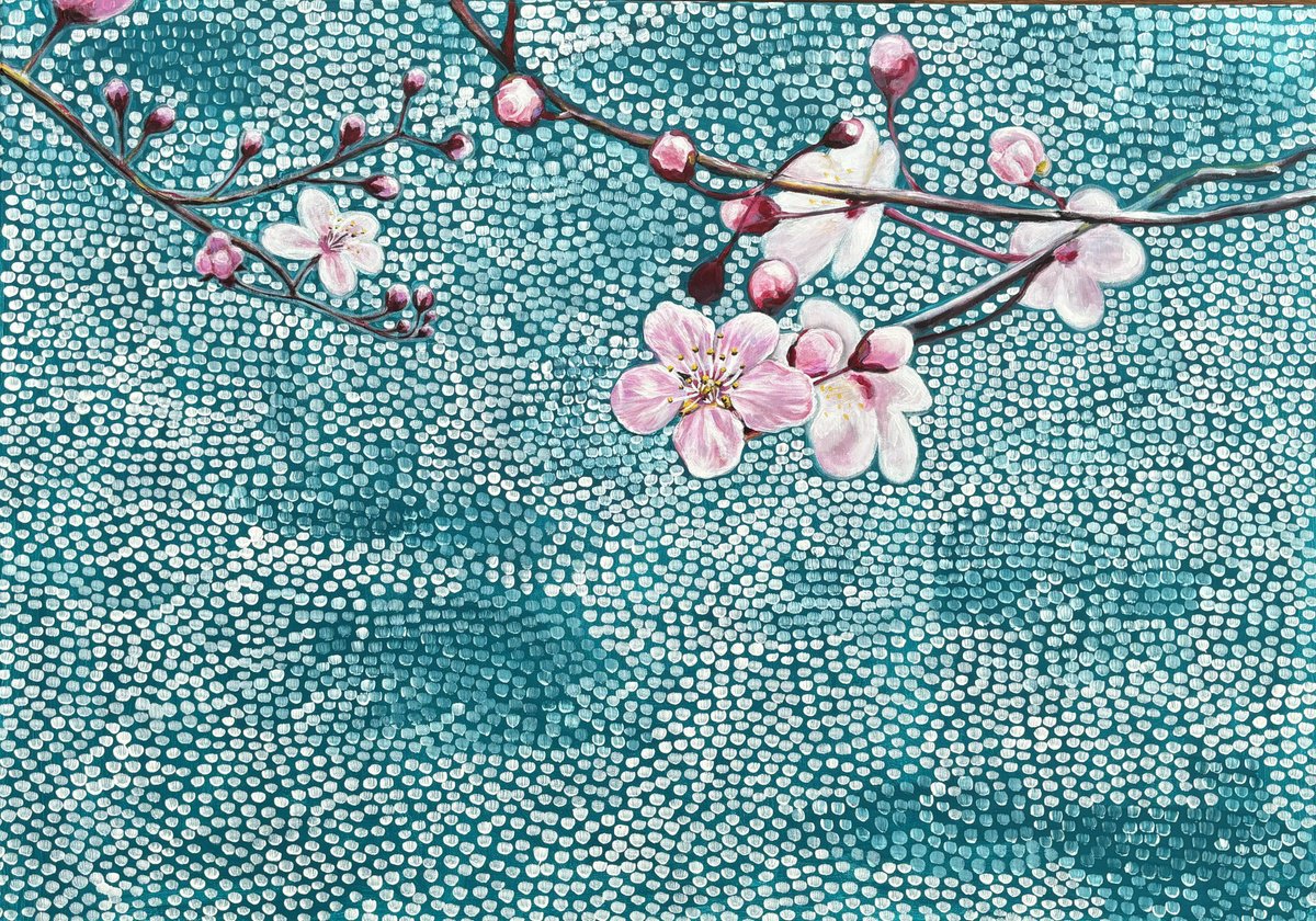 Impressionistic Botanical Acrylic Painting By Sun-Hee Jung, 39 X 28", Pale Pink Cherry Blossom, Original Artwork