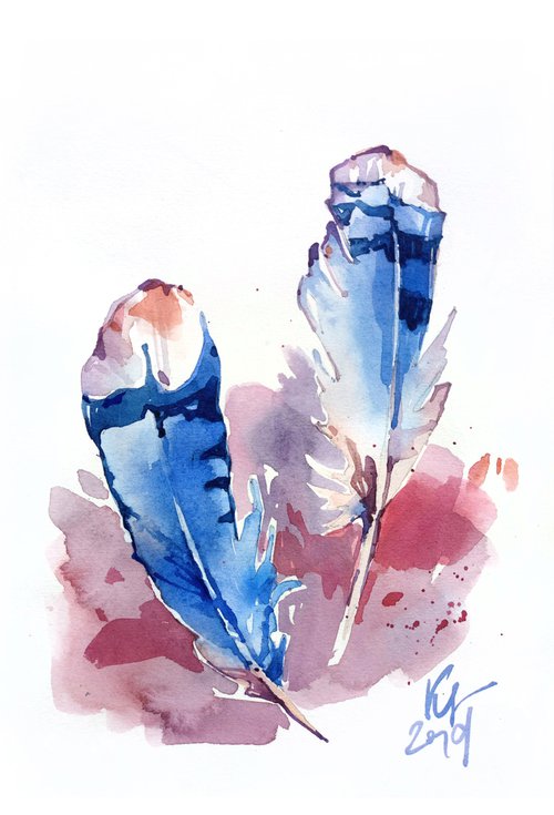 Watercolor sketch "Two blue bird feathers" original illustration by Ksenia Selianko