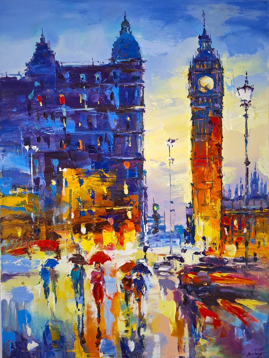 Abstract Cityscapes Oil Painting By Andrej Ostapchuk, 18 X 24, Rhythm Of Time, Original Artwork