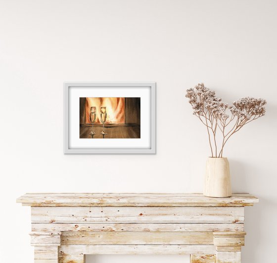 Cozy evening by the fireplace. Two glasses of champagne by the fireplace. Original watercolor artwork.