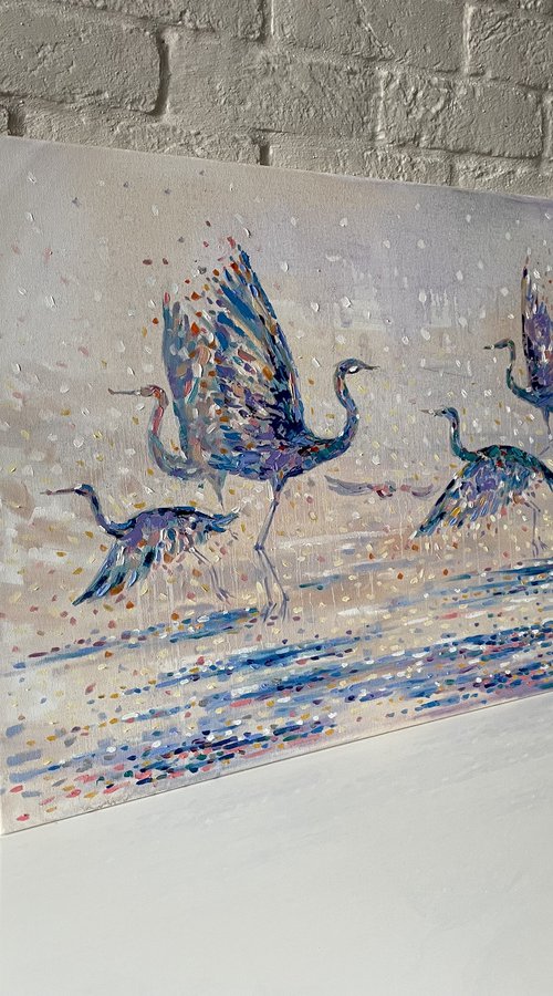 The cranes are flying. Original oil painteng by Mary Voloshyna