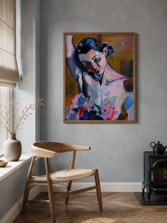 In the Shadow Girl with peonies