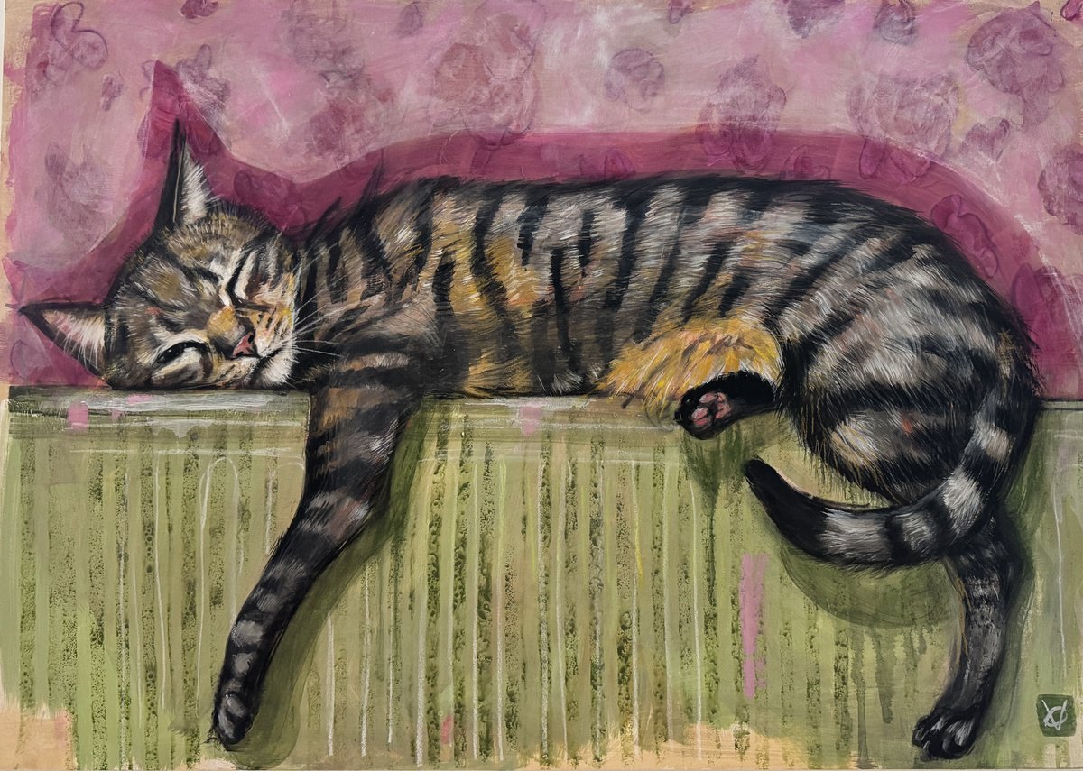 Expressive Animal Acrylic Painting By Victoria Coleman, 33 X 23", Half Asleep, Original Artwork