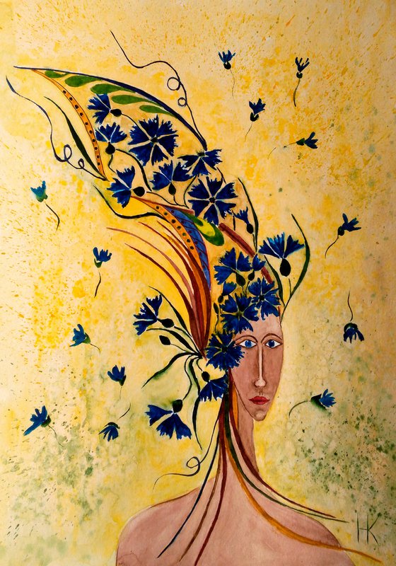 Flower Head Painting Cornflowers Original Art Woman Artwork Female Portrait Watercolor Wall Art 12 by 17 inches