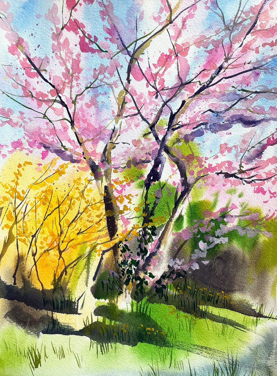Impressionistic Botanical Watercolour By Ksenia Astakhova, 12 X 16", Cherry Tree From Parc Le Denantou, Original Artwork