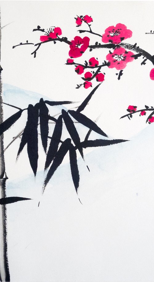 Bamboo and red plum with the background of a mountain - Oriental Chinese Ink Painting by Ilana Shechter