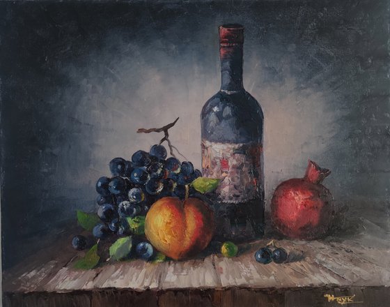 Still life fruits and wine (50x40cm, oil painting,  ready to hang)