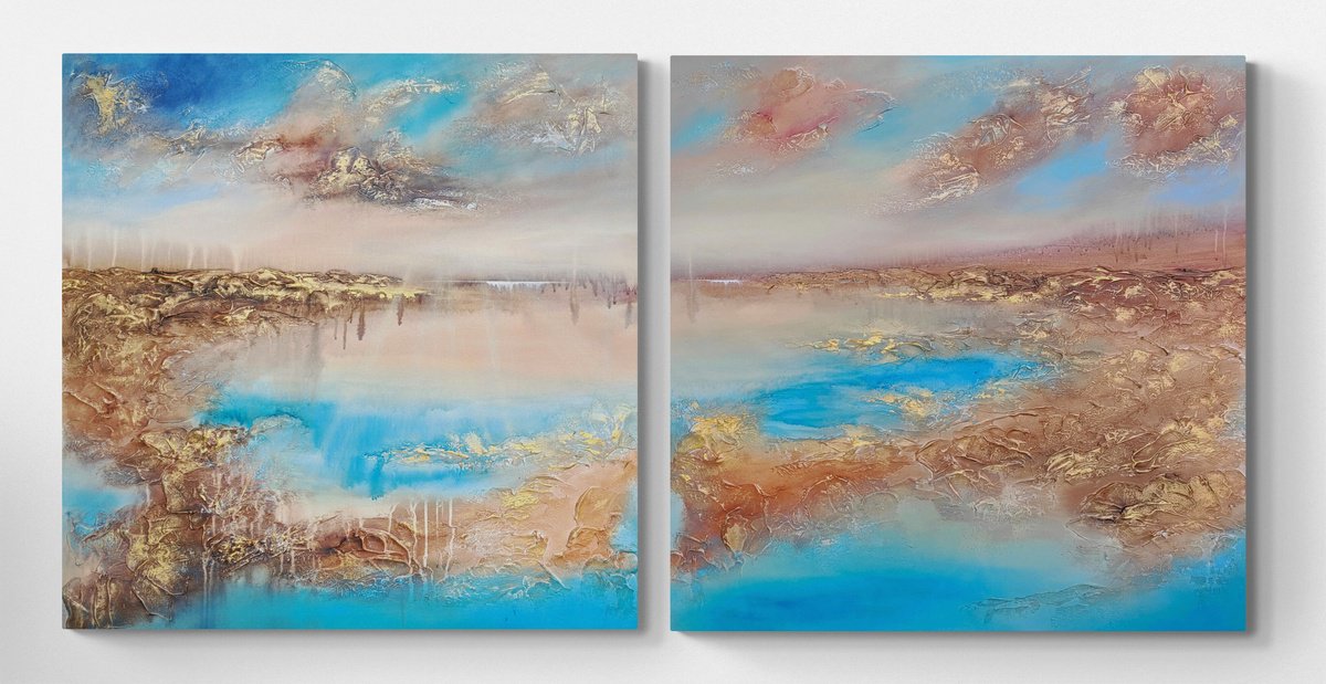 Abstract Painting By Vera Hoi, 71 X 35", "Golden Shore" Serie, Original Artwork