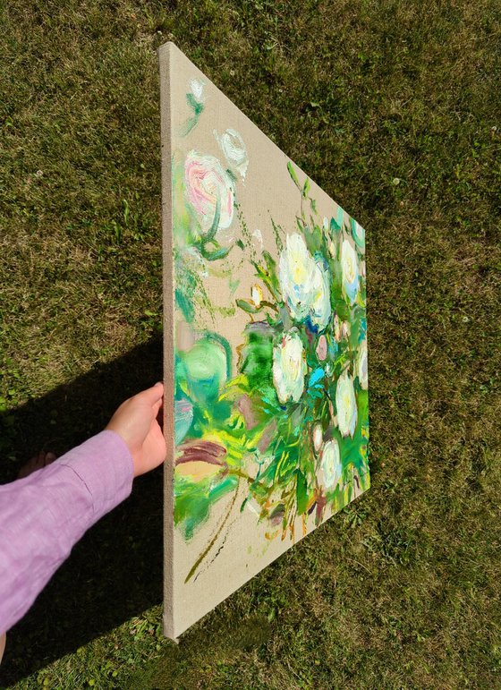 White peonies on linen background