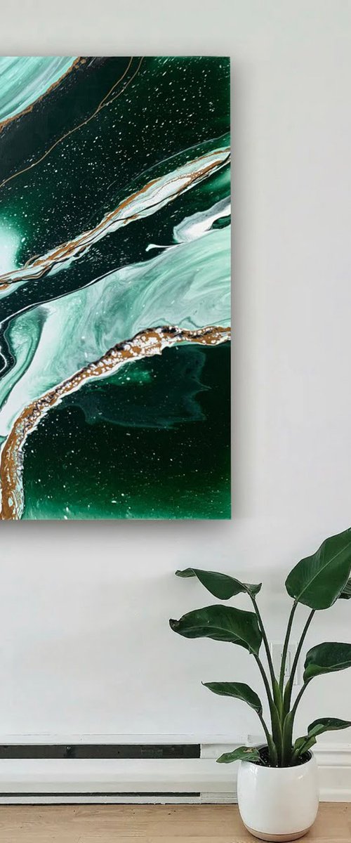 Abstract green white gold.  Light and dynamics. Emerald by Marina Skromova