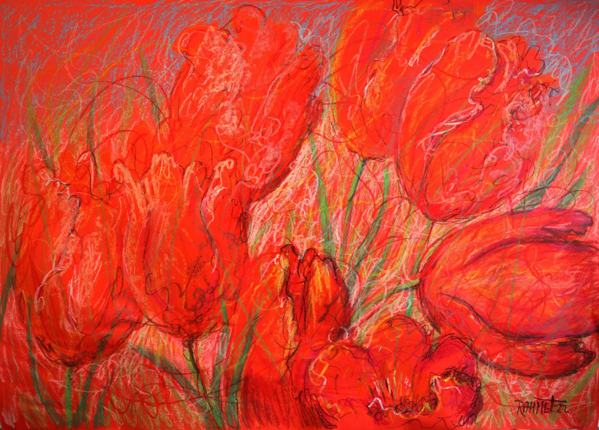 Impressionistic Botanical Acrylic Painting By Rakhmet Redzhepov, 33 X 24", Tulips 5, Original Artwork