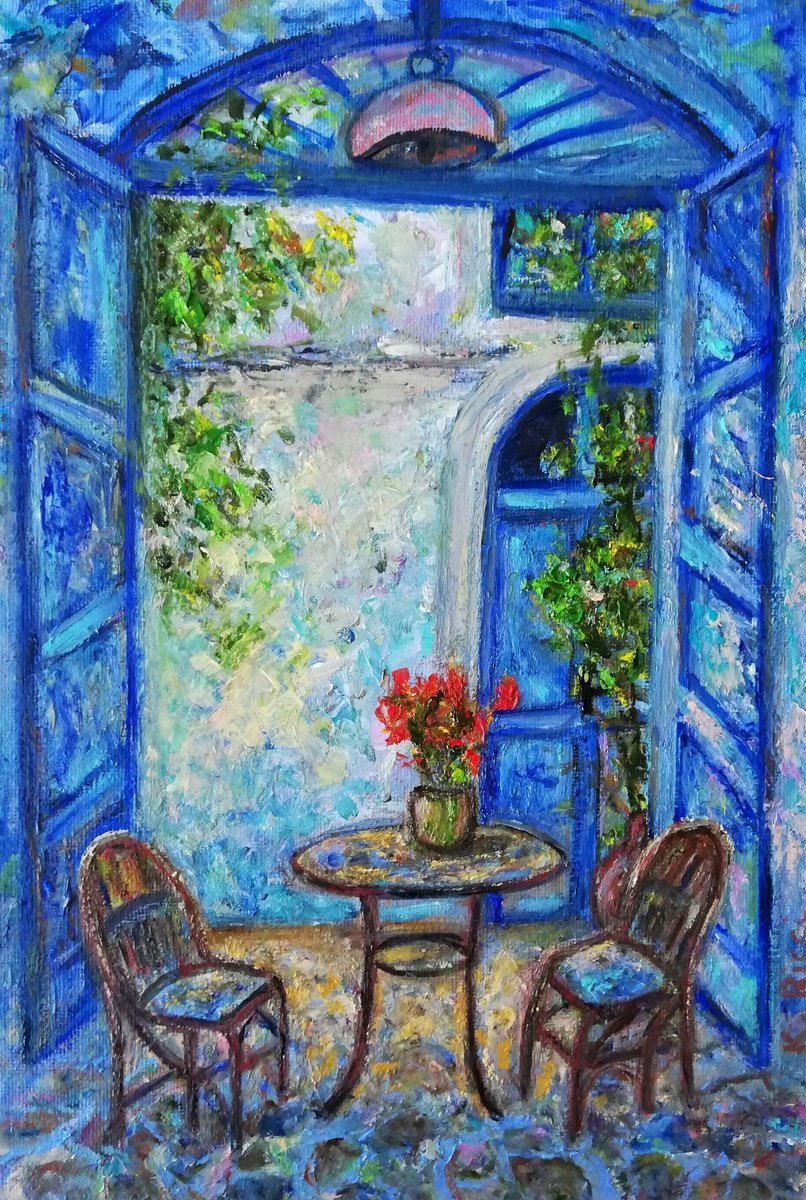 Impressionistic Cityscapes Oil Painting By Katia Ricci, 8 X 12", Blue Mediterranean, Original Artwork