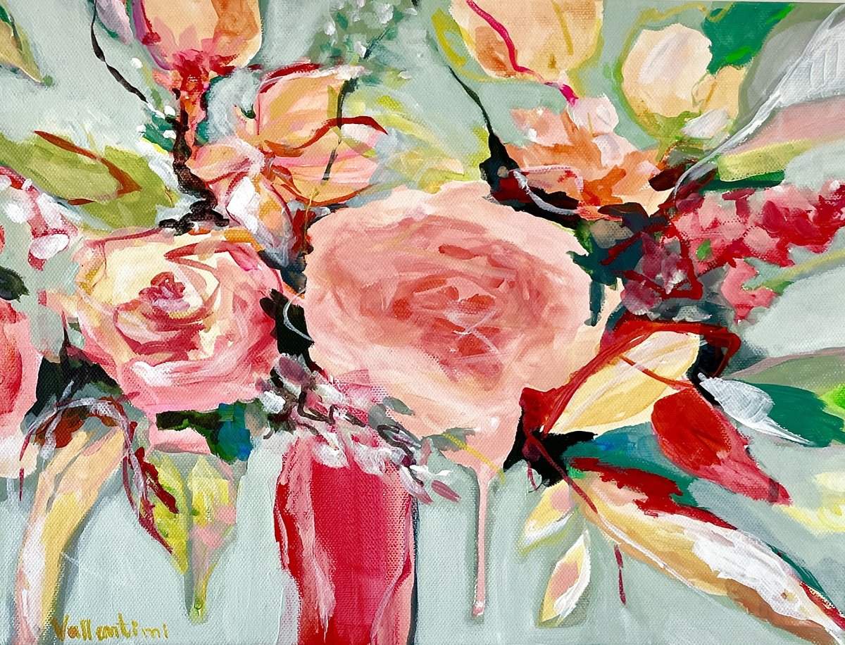 GREENS ’N’ ROSES - 40 X 30 CM - FLORAL PAINTING ON CANVAS *RED *GREEN by Jani Vallentimi