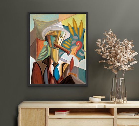 Cubist Man with Cigar Contemplating Life