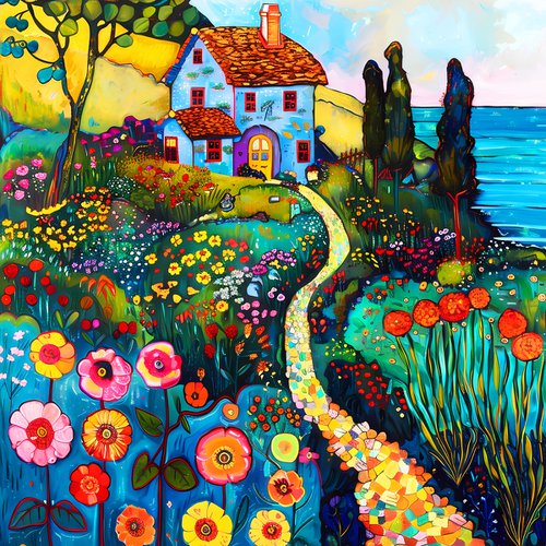 Warm evening with cozy house near the sea. Colorful impressionistic fairytale floral landscape fantasy flowers. Hanging large positive relax naive fine art for home decor, inspiration by Matisse and Klimt by BAST