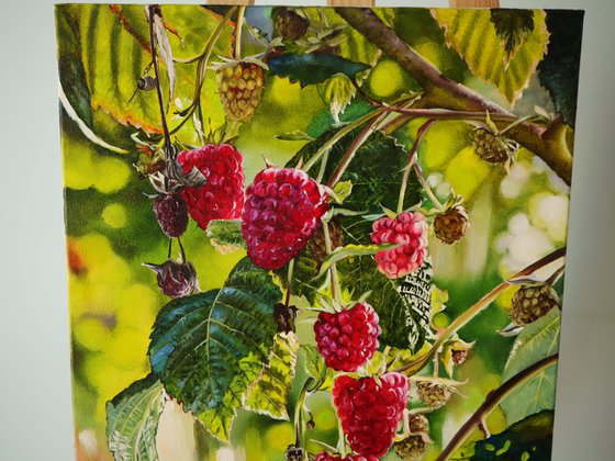 Raspberries. Hyper Realistic Garden Scene