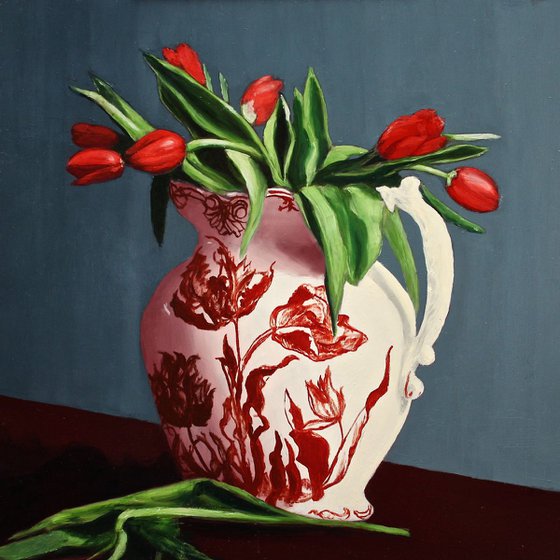 Red Tulips in a Red Tulip Pitcher