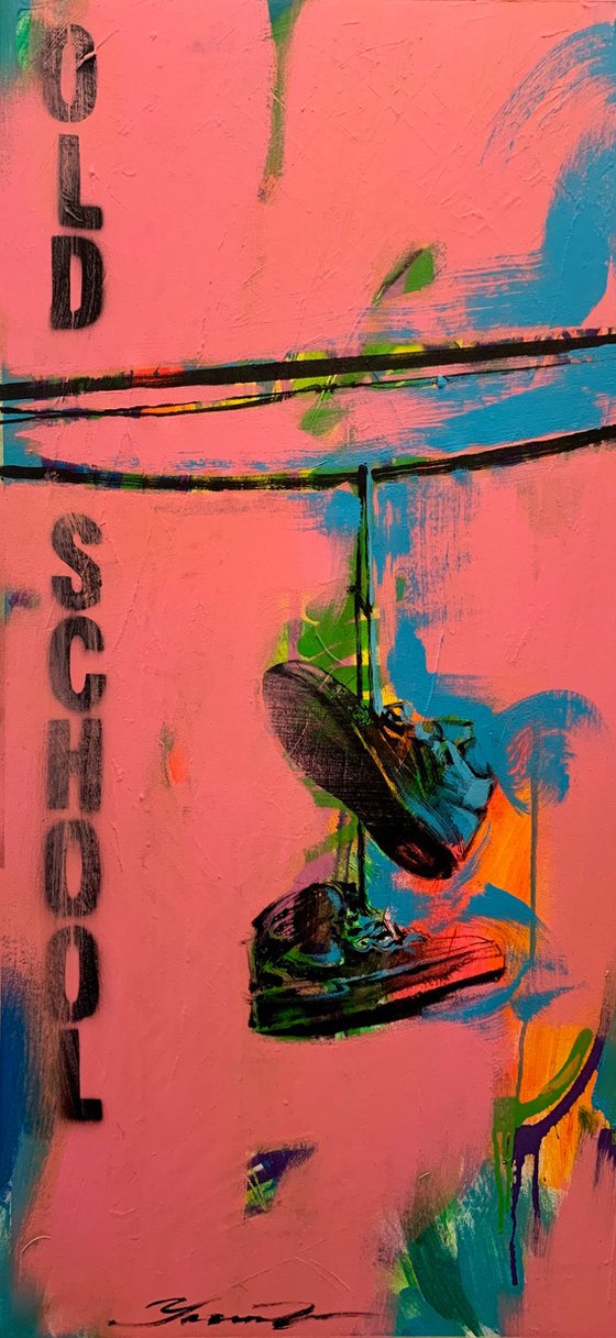 Pink vertical painting - "OLD SCHOOL" - Pop Art - Street Art - Sneakers - Urban Art - Electric wires
