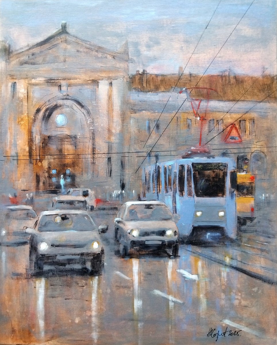 Impressionistic Cityscapes Acrylic Painting By Nenad Kojic, 16 X 20", Old Train-Station Belgrade, Original Artwork