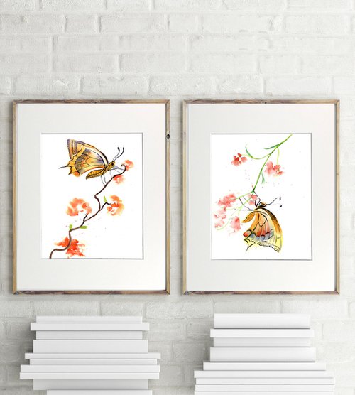 Butterfly and plant -  Set of 2 mounted original watercolor paintings by Olga Shefranov (Tchefranov)