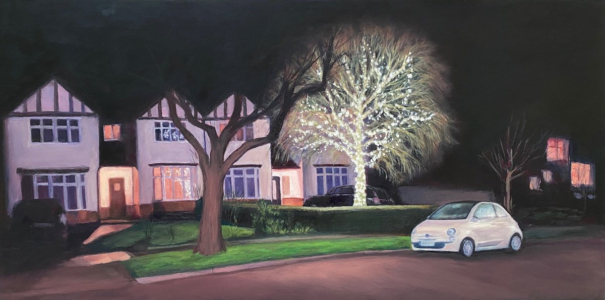 Impressionistic Cityscapes Oil Painting By Diana Sandetskaya, 20 X 10, Christmas Lights On Parkside, Original Artwork