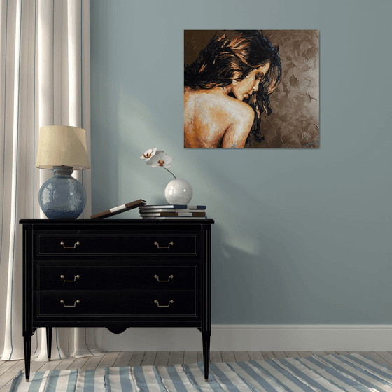 Beautiful nude girl, portrait naked figure woman, oil, acrylic, canvas, painting